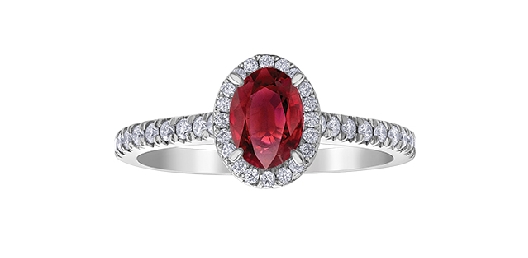 Ruby and Diamond Halo Ring
0.26ct
10KT WG

Ruby 6x4mm
  
