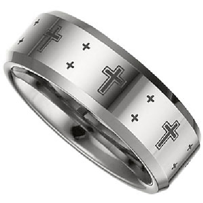 8.3mm Dura Tungsten™ Beveled Band with Black Laser Crosses  