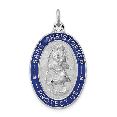 Sterling Silver Rhodium-plated Enameled St. Christopher Medal  