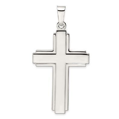 Sterling Silver Polished with Edge Lines Large Latin Cross Pendant  