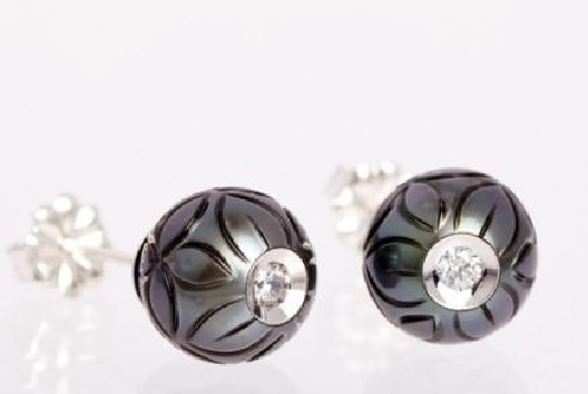 14KT WG Galatea Hand-Carved Black Blossom Pearl Earrings 9mm w/Diam...
