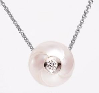 14KT WG Galatea Hand-Carved White Pacifica Pearl Pendant 9mm w/Diam...