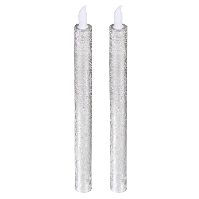 Silver Battery Operated Flameless LED Wax Taper Candle; Set of 2  