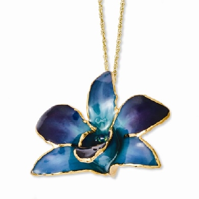 Lacquer Dipped; 24KT Gold Trimmed Purple/Blue Dendrobium Orchid Nec...