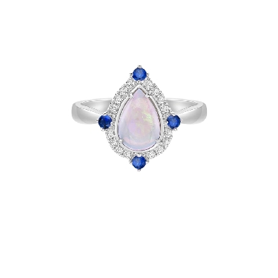 Opal; Blue Sapphire and Diamond Ring  0.16ctw
10KT White Gold  