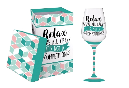 Relax We re all Crazy; Wine Glass w/ Silicone base & Box; 12 oz.
  
