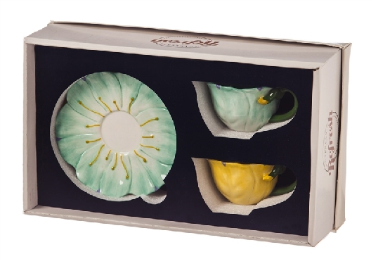 Ceramic Flower Cup and Saucer; 4oz.; Set of 2  