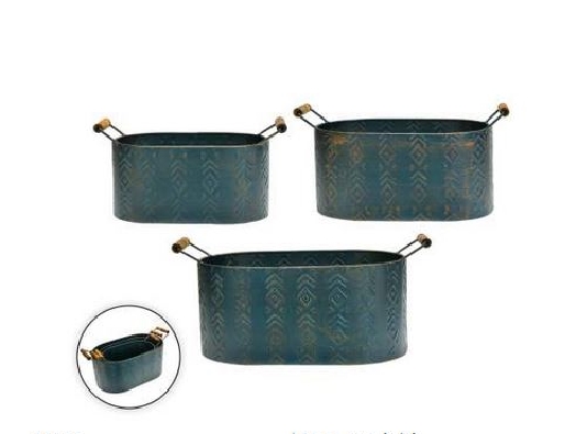 Anitque Blue Oval Plant Pot With Leaf - Set of 3  