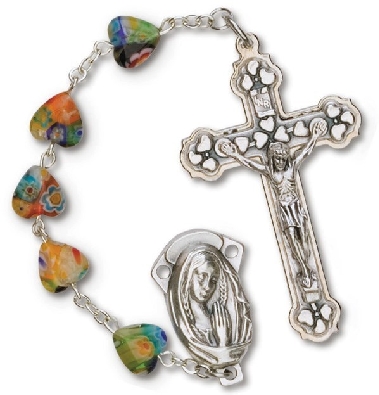 Multi-Coloured Imitation Murano Glass Heart Bead Rosary   