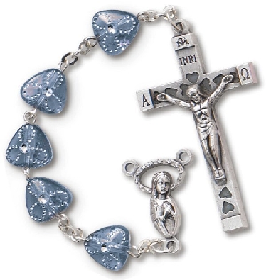 Blue Heart Shaped Glass Rosary with Foil  