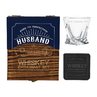 Husband - Wooden Gift Box with Rocks Glass and Slate Coaster

Won...