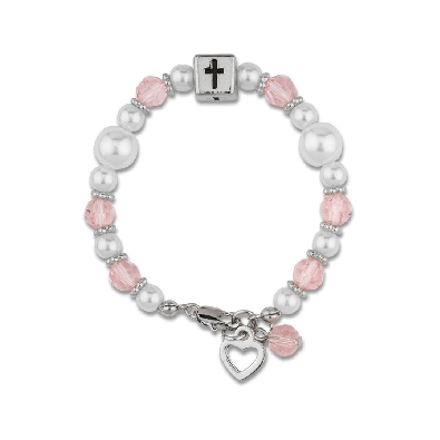 Pink &amp; White Baby Bracelet
w/ Cross Cube &amp; Heart

White glass pe...