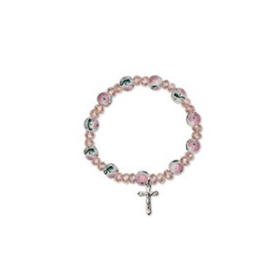 Ceramic Rose Bead Baby Bracelet
w/ Rhodium Plated Crucifix Charm  