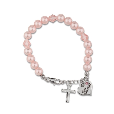 Pink Pearl Baby Bracelet 
w/Cross &amp; Heart Charms

Pink glass pea...