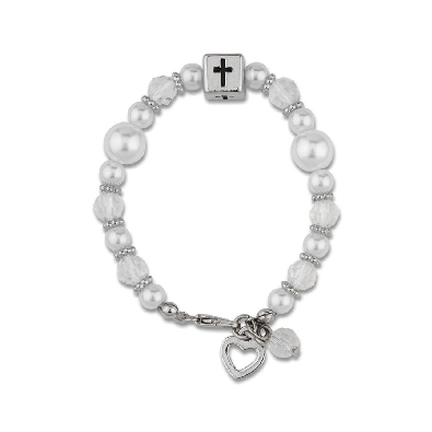 White  Pearl Baby Bracelet 
w/Cross Cube &amp; Heart Charm

White gl...