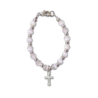 White Cat s Eye Baby Bracelet 
w/Cross Charm  