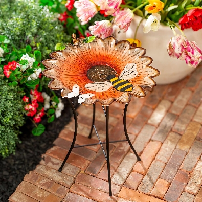 Sunflower & Bee Cottage Garden Birdbath and Metal Stand  