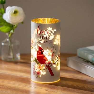   Love Lives Forever   Glass Lasercut Cardinal Memorial LED Table
...