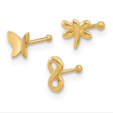 14kt Yellow Gold
Set of 3 Nose Studs
Butterfly; Dragonfly; Infini...