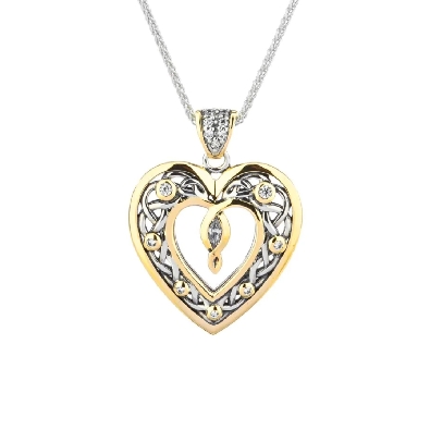 Double Sided Heart Pendant with White CZ  Silver & 10KT Gold  