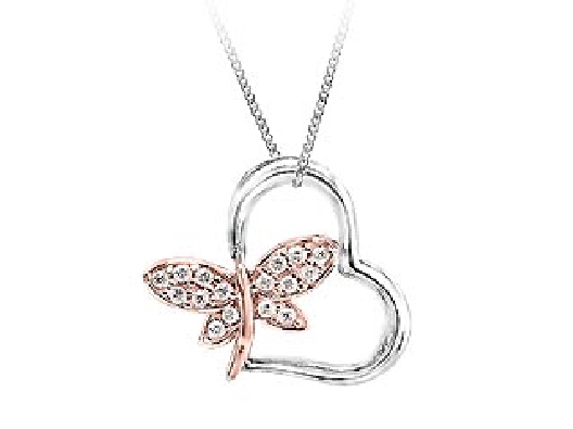 Diamond Butterfly &amp; Heart Pendant
0.012ctw
10KT White and Pink Go...