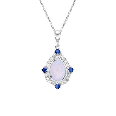 Opal; Blue Sapphire and Diamond  Pendant  0.16ctw
10KT White Gold  