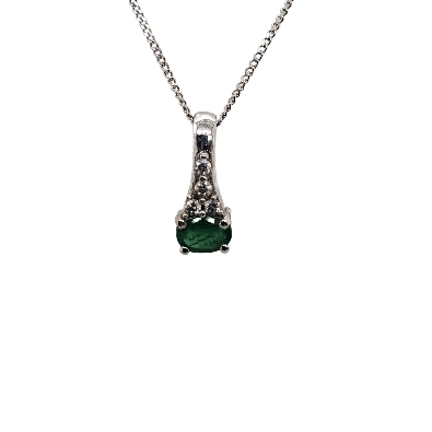Emerald &amp; Diamond Pendant 0.10ctw
10KT White Gold

(Pictured wit...