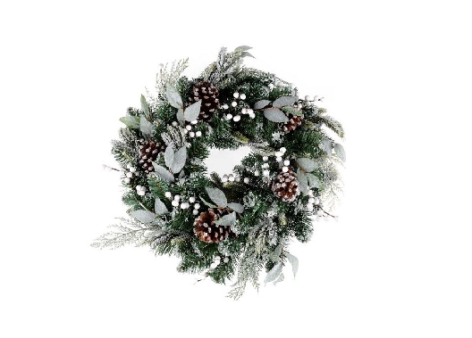 White Flocked Wreath W/Berries & Pine Cones   