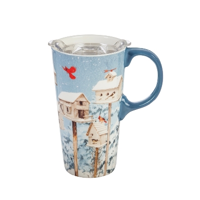 Ceramic Travel Cup; 17 OZ. ;w/box and Tritan Lid; White Holiday Bir...