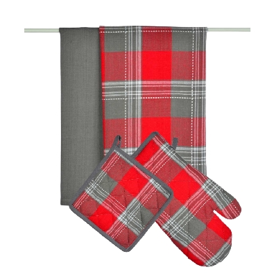 Oven Mitt; Pot Holder and 2 Tea Towel Plaid Set  