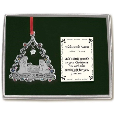 Pewter Nativity Ornament -   O Come Let Us Adore Him    