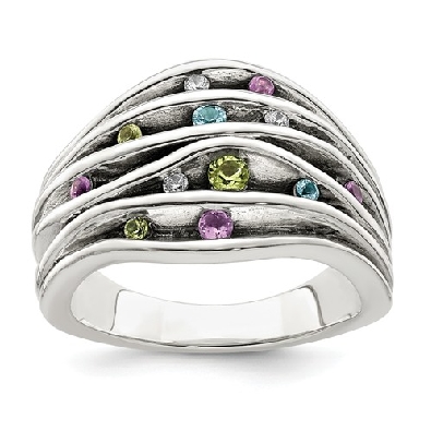 Antiqued Blue Topaz/Peridot/Amethyst and CZ Ring in Silver  
