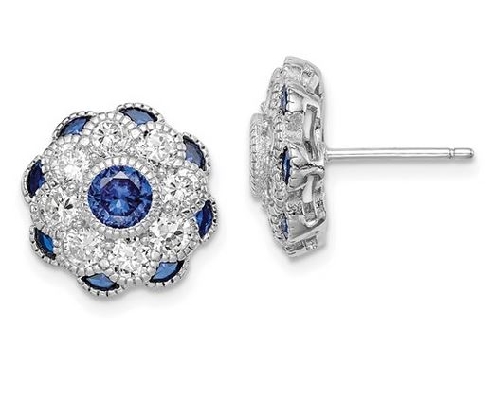 Silver RH-plated CZ & Syn. Blue Spinel Earring  