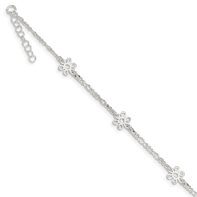 Sterling Silver Polished Flower Anklet  9   with 1in ext.   