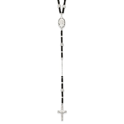 Sterling Silver Enameled and Black Glass Bead Rosary Necklace  