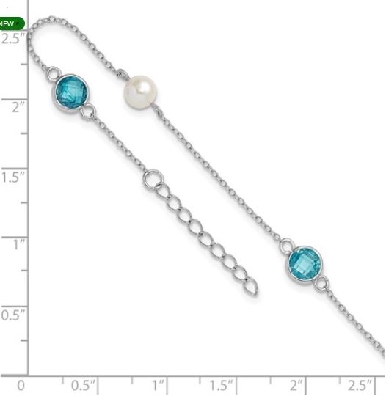 Sterling Silver Anklet
Blue CZ &amp;
Fresh Water Cultured Pearl
Rhod...