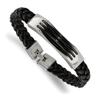 Stainless Steel Black Leather and Acrylic 8.5in Bracelet  