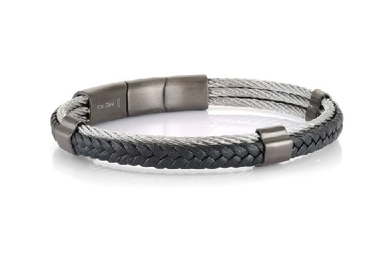 Italgem 
Steel Bracelet
Steel Cable w/Gun Metal IP
Black Leather...