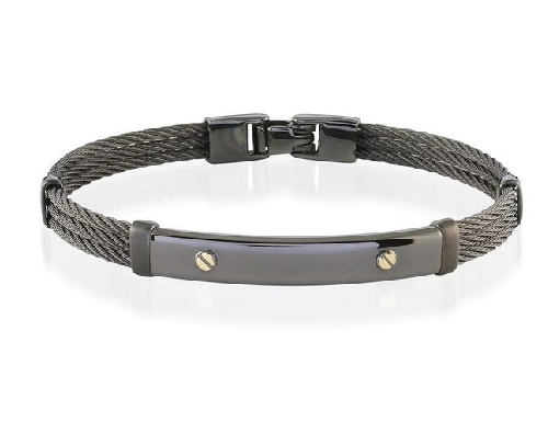 Steel Bracelet
Black IP &amp; 18Kt Gold  
3 Row Cable Bangle w/ ID Pl...