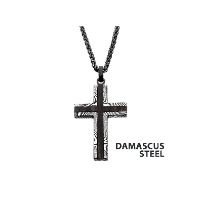 INOX&trade; Steel
Cross Pendant
Black Ip Damascus Steel 
w/ Ebony Wo...