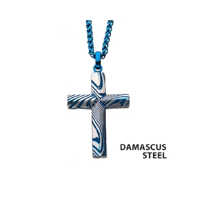 INOX&trade; Steel
Cross Pendant
Blue Ip Damascus Steel 
24  

Dama...