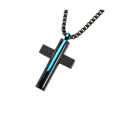 INOX&trade; Steel
Cross Pendant 
Black &amp; Blue Plated 
22  

Matte ...