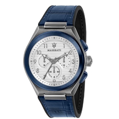 Maserati Triconic Watch 

Steel Case
Blue Leather Band
Date  
