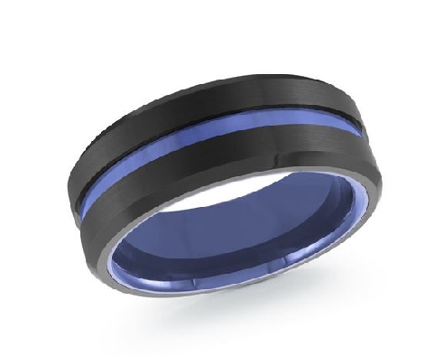 BLACK Tungsten Men s Wed Band; Blue Insert 8mm  