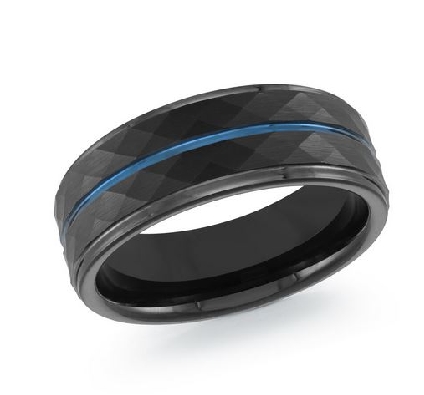 BLACK Tungsten Men s Wed Band;Diamond Pattern with Blue Insert 8mm  