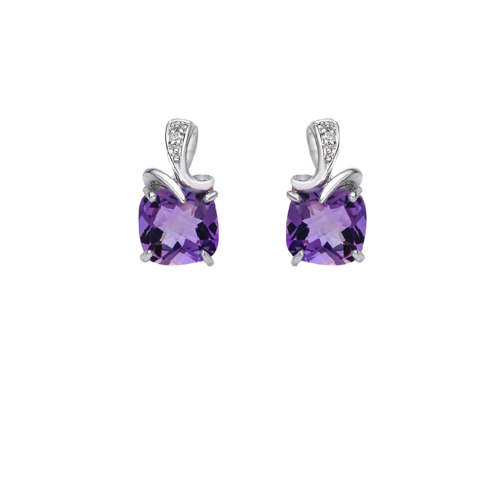 Cushion-Cut Amethyst Earrings with Diamonds 0.0...