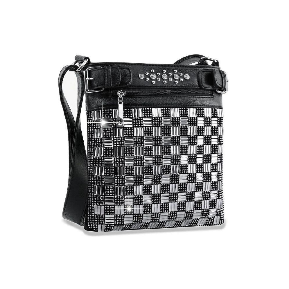 Rhinestone Check Design Crossbody Sling - Black...
