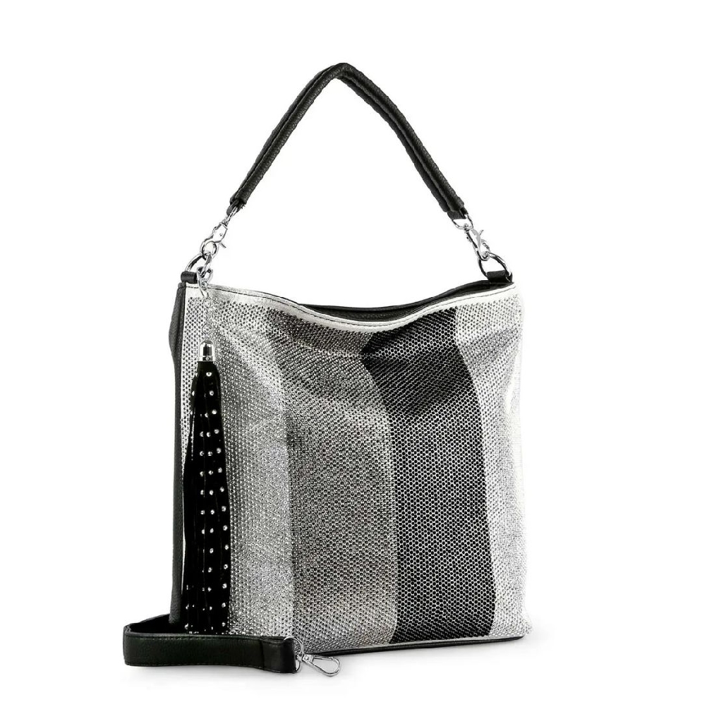Rhinestone Stripe Pattern Hobo Handbag - Black...