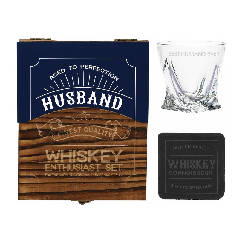 Husband - Wooden Gift Box with Rocks Glass and ...