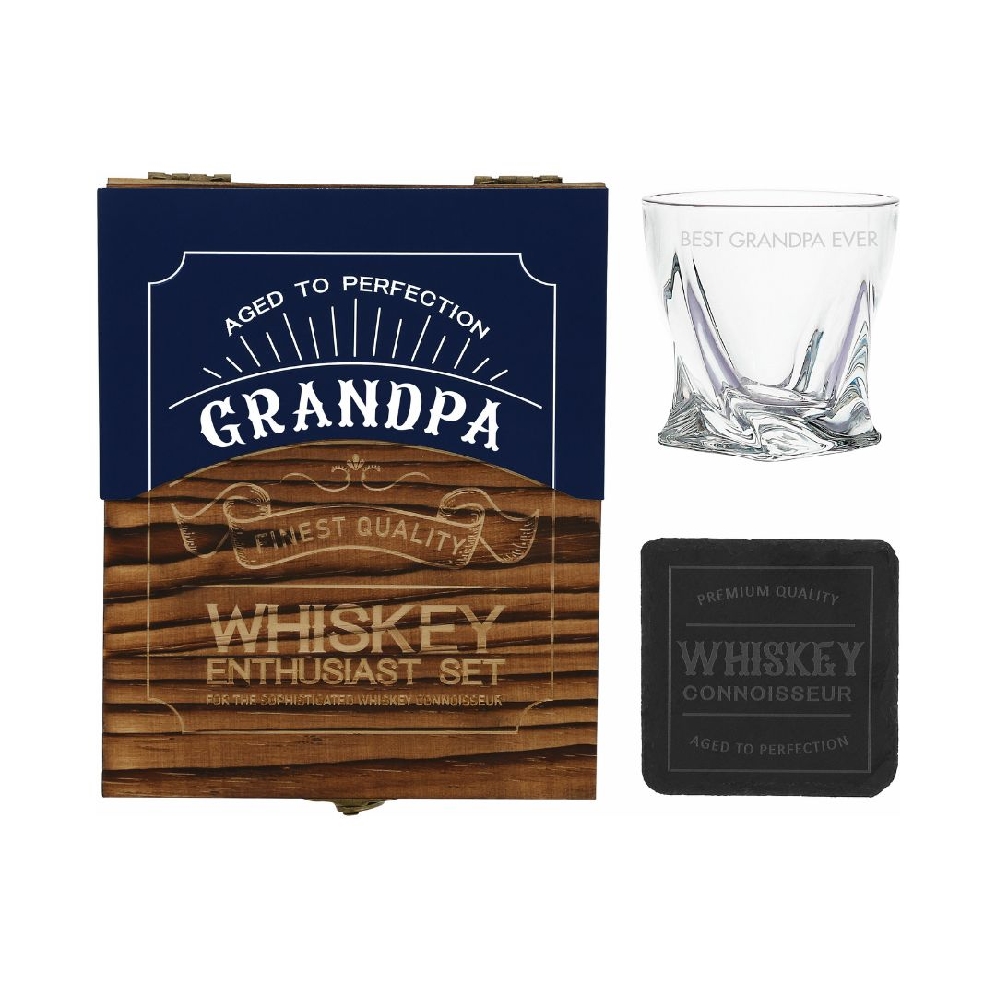 Grandpa - Wooden Gift Box with Rocks Glass and ...